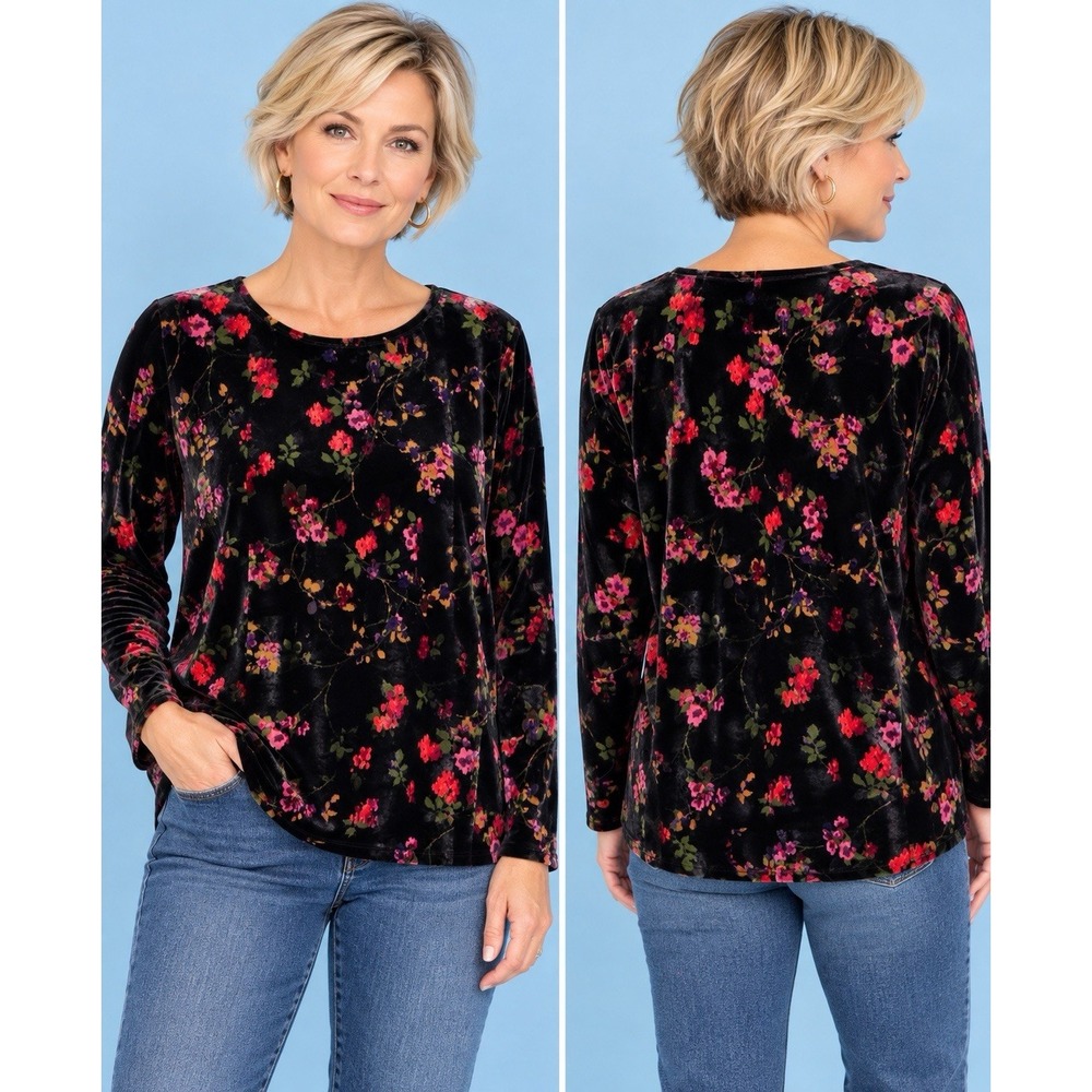 J.Jill XL Floral Velour Top Black Red Pink Floral Stretch Long Sleeve 90's Y2K